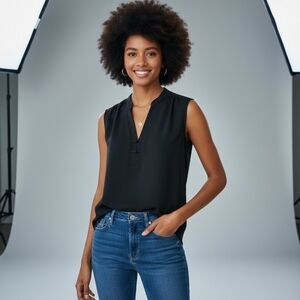 ​Le Château Black Sleeveless V-Neck Blouse with Knot Detail - Large